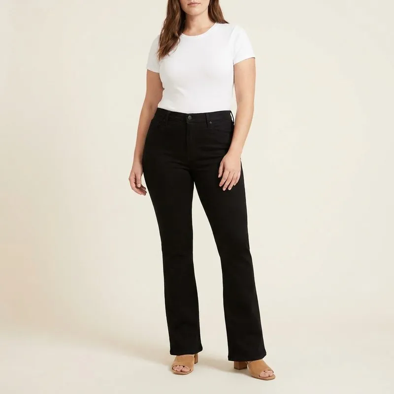 Flare jeans worn by a woman with a trapezoid body shape