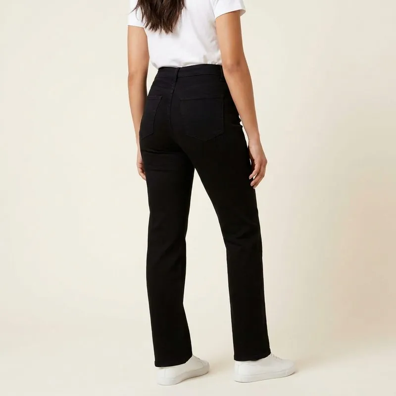 Straight jeans worn by a woman with a trapezoid body shape, back view