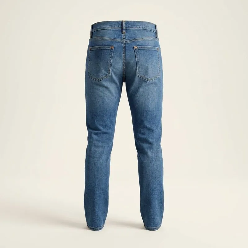 Back view of slim jeans with flat back pockets and a smooth seat