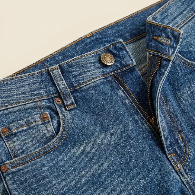 Close-up of the waistband, button and front pocket of mid-wash slim jeans