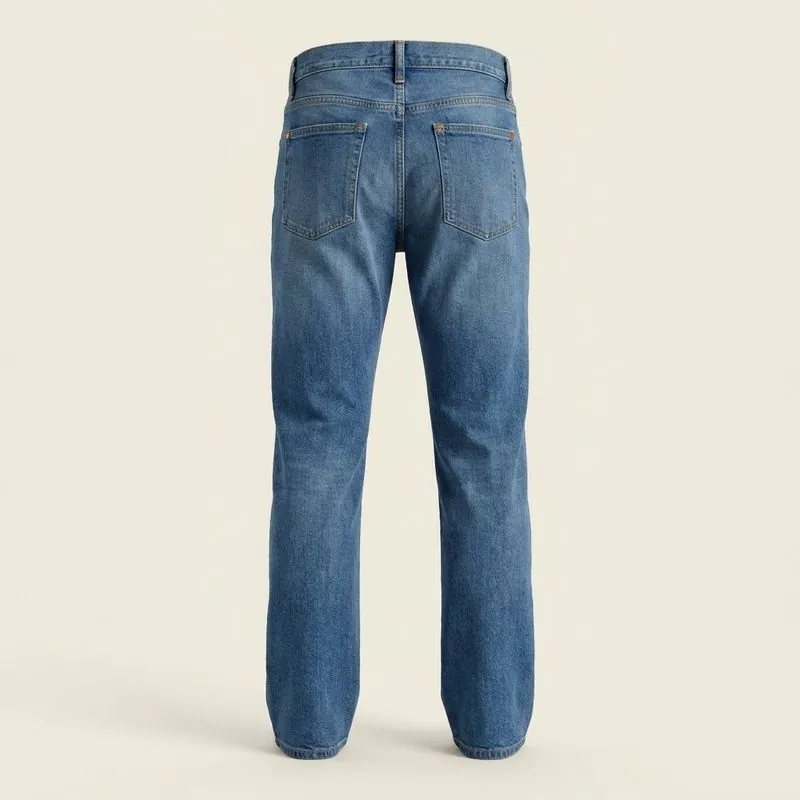 Back view of straight jeans showing the back rise seam and seat