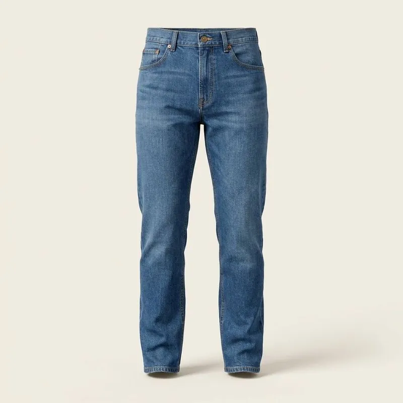 Front view of men's straight jeans with numbered points at the rise, seat, thigh, knee and hem