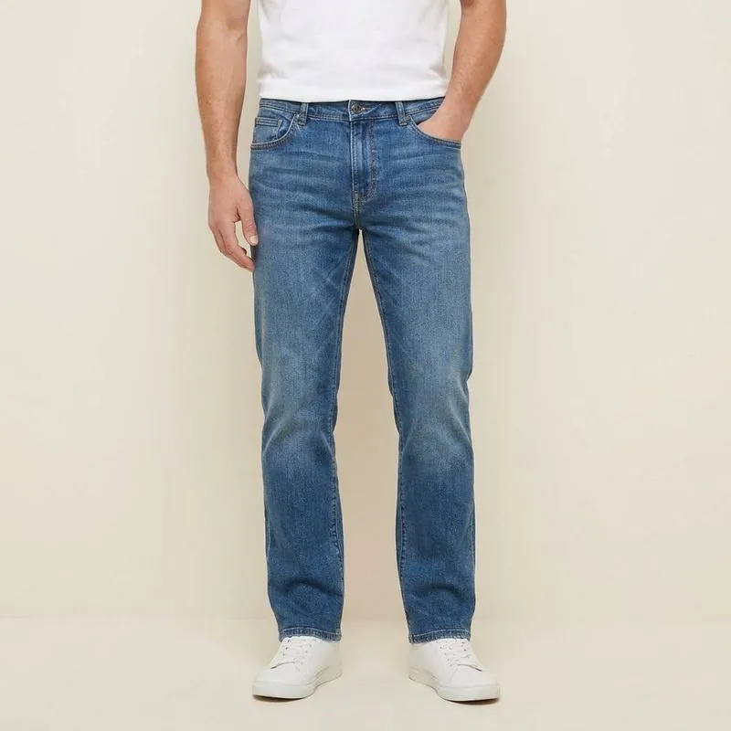 Straight jeans, worn on a model