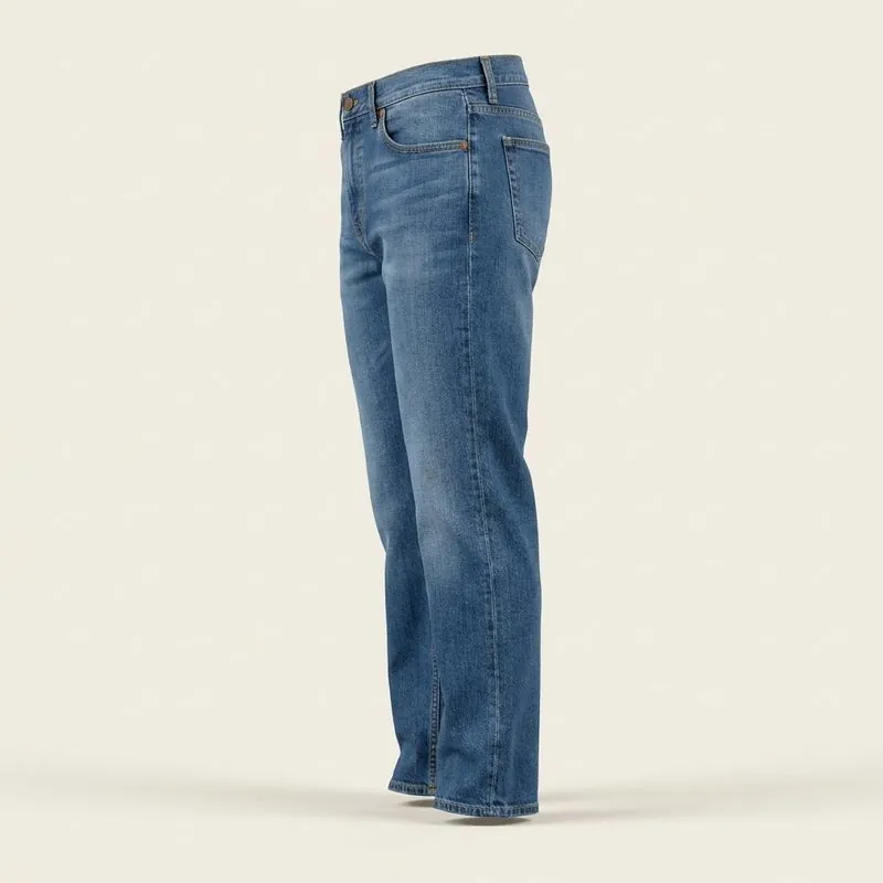 Side view of straight jeans showing the full leg length from waistband to hem