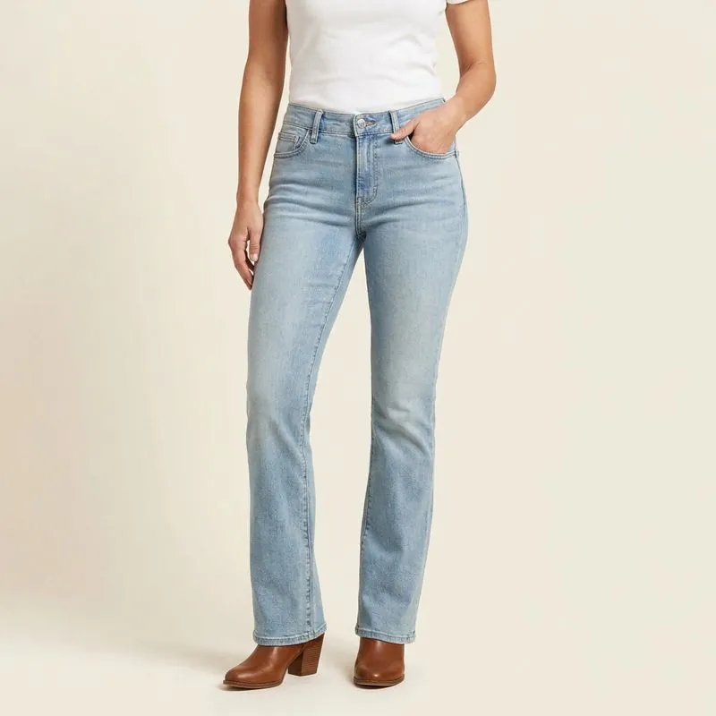 Bootcut jeans in light wash, worn on a model