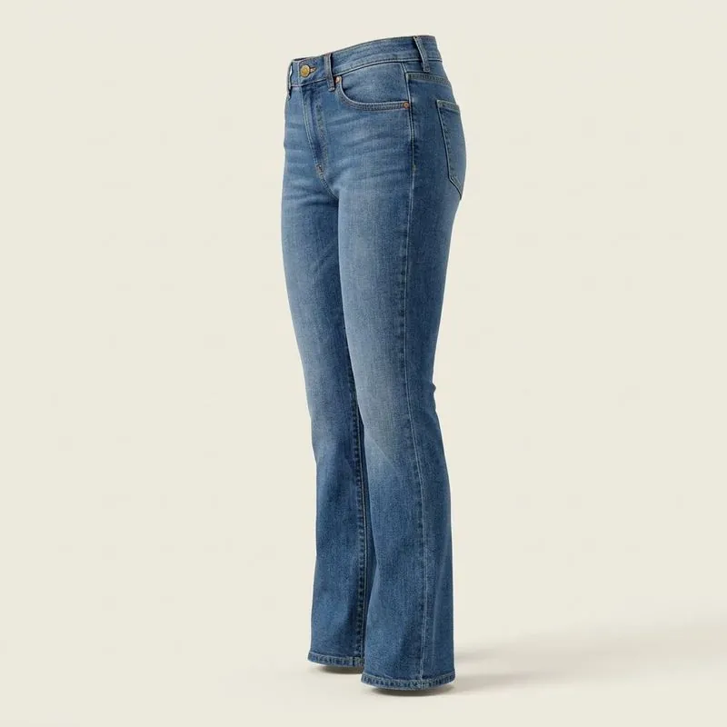 Side view of bootcut jeans showing the outseam from waist to hem