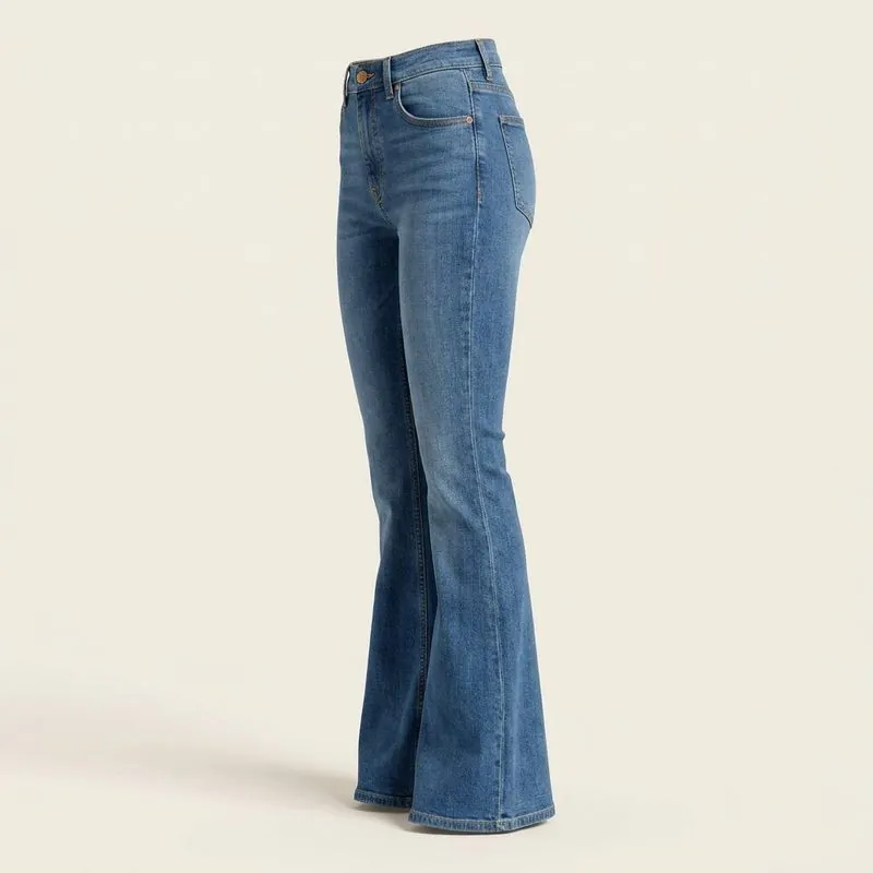 Side view of flared jeans widening below the knee