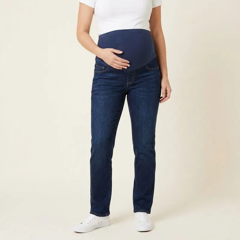 Maternity jeans, dark wash, worn on a model