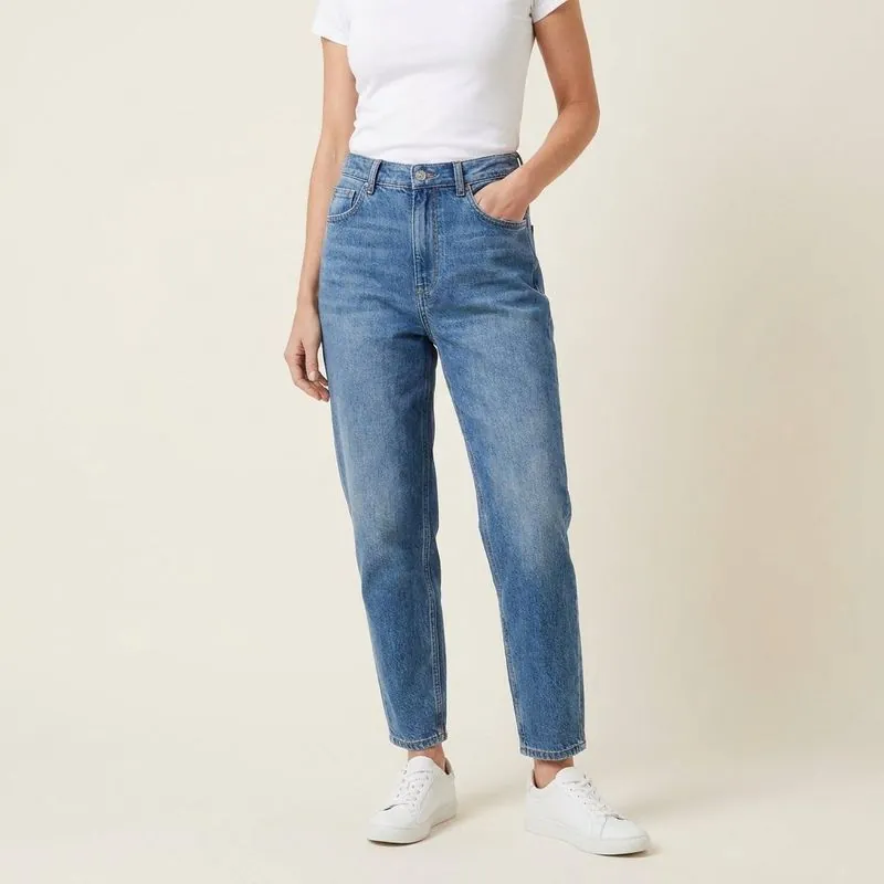 Mom jeans, worn on a model
