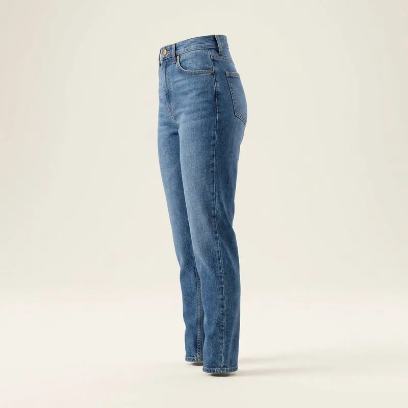 Side view of high-rise mom jeans with the waistband at the natural waist