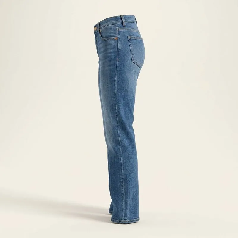 Side view of mid-wash straight jeans showing the leg line from hip to hem