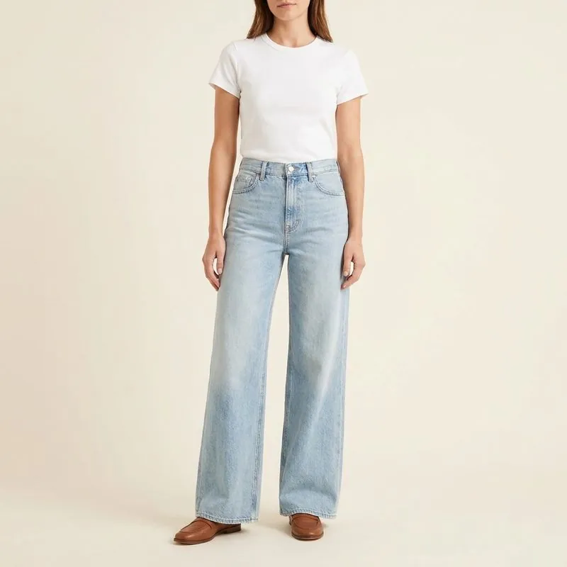 Model in light-wash wide-leg jeans with an ankle-length hem